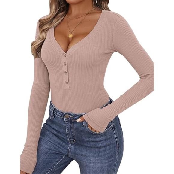 Long Sleeve V-Neck  Shirt - Slim Fit Ribbed Knit Button Top - Picture 2 of 7